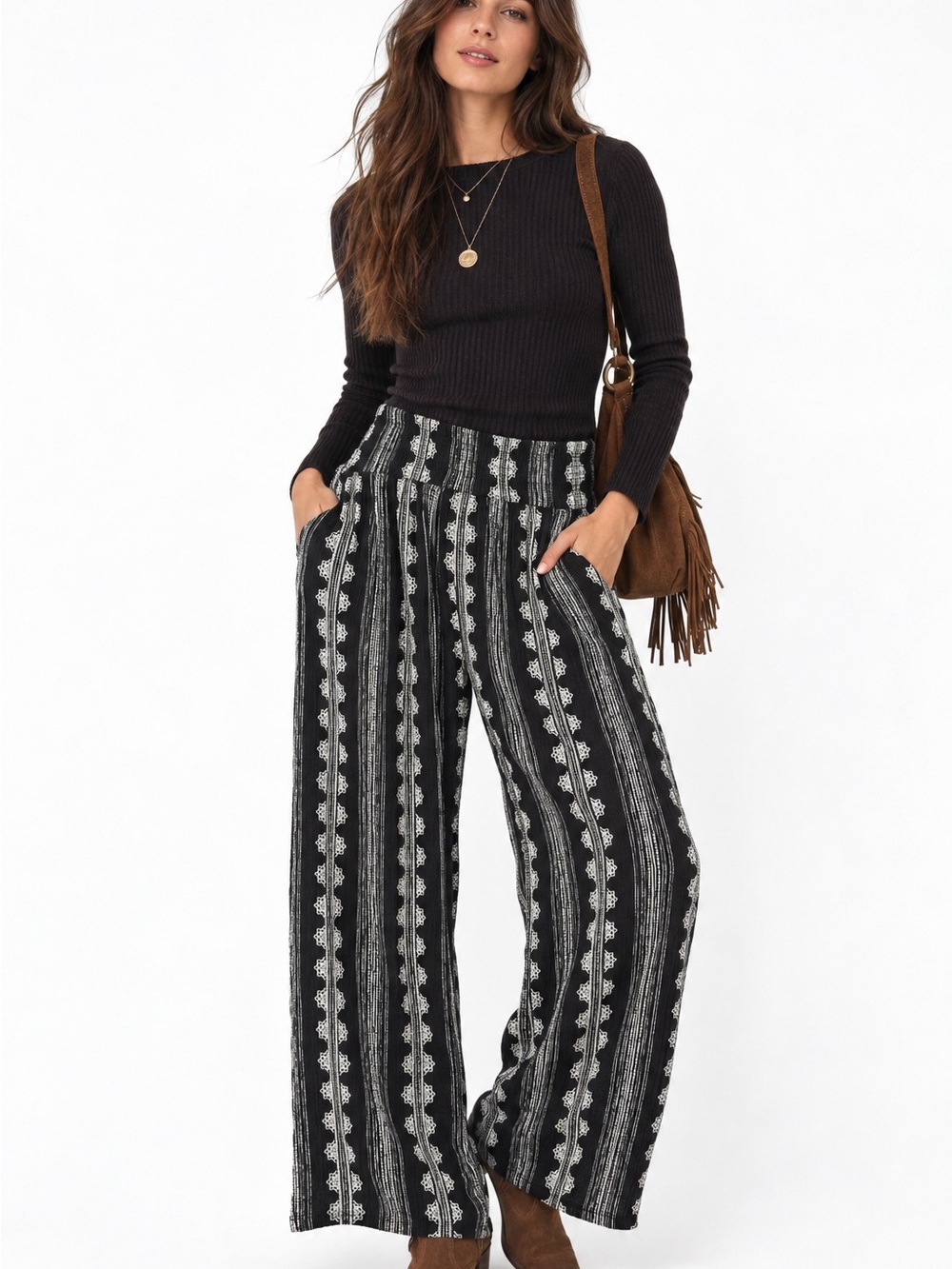 Three Dots Wide-Leg Palazzo Style Pants Black Sz small Boho Print Pull On Waist
